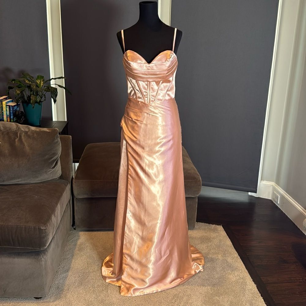 Women Full Length Prom Party Dress CrissCross Straps Leg Slit Size 8 *READ FLAWS